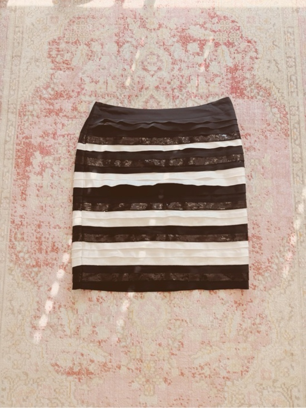 White House Black Market, Woman’s Black and White Striped Lace-Trim Pencil Skirt